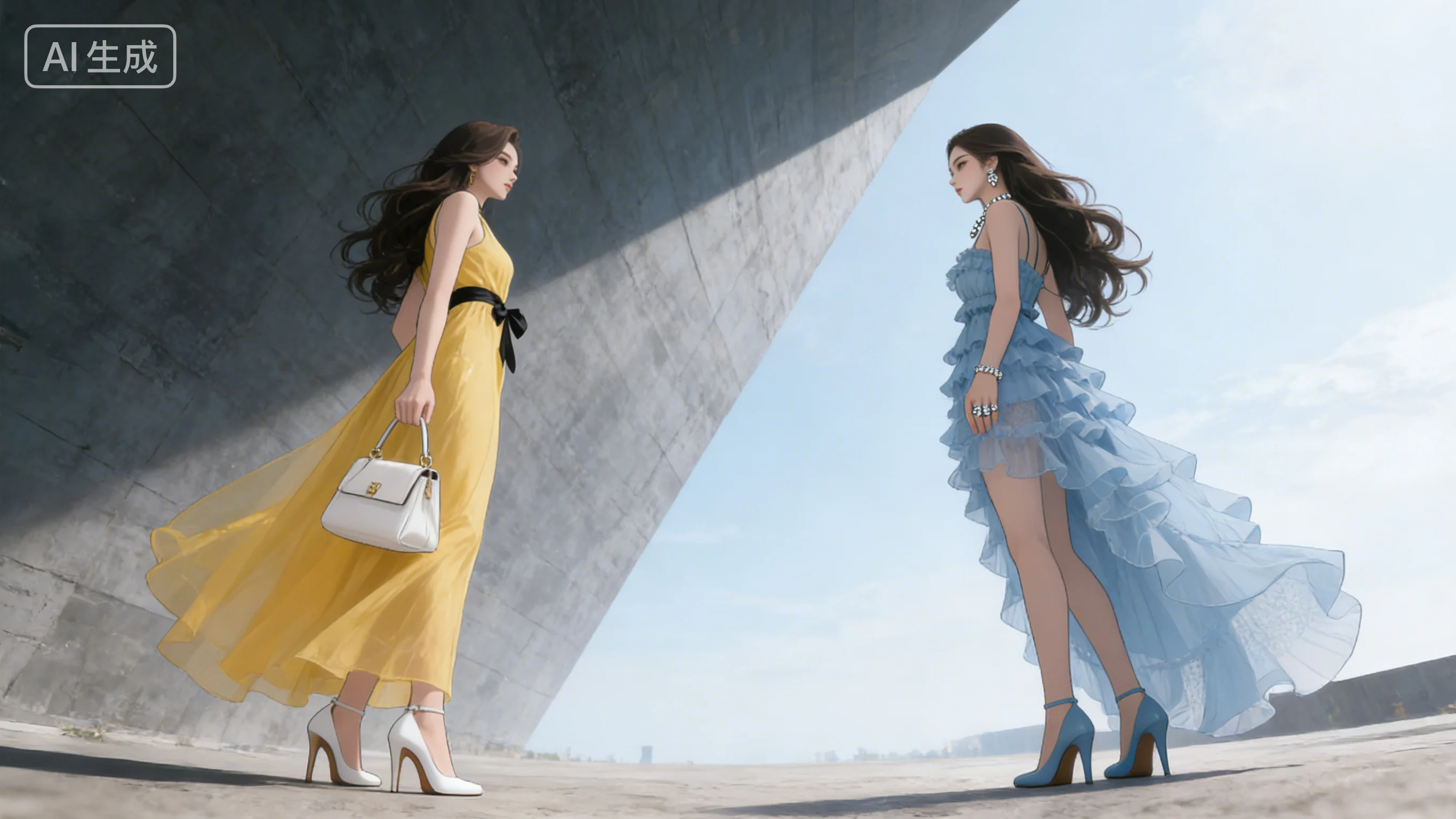 使用方寸绘境 (3D Vision Hub) 生成的双人构图过肩镜头 AI 插画