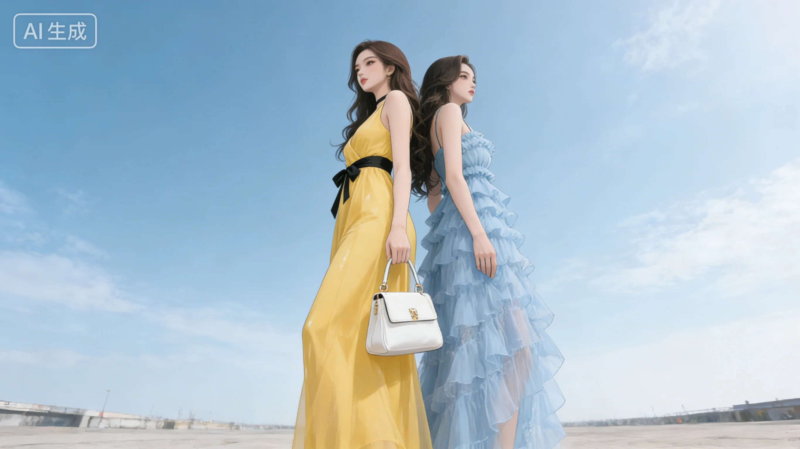 使用方寸绘境焦距控制生成的仰拍双人背靠背英雄位画面